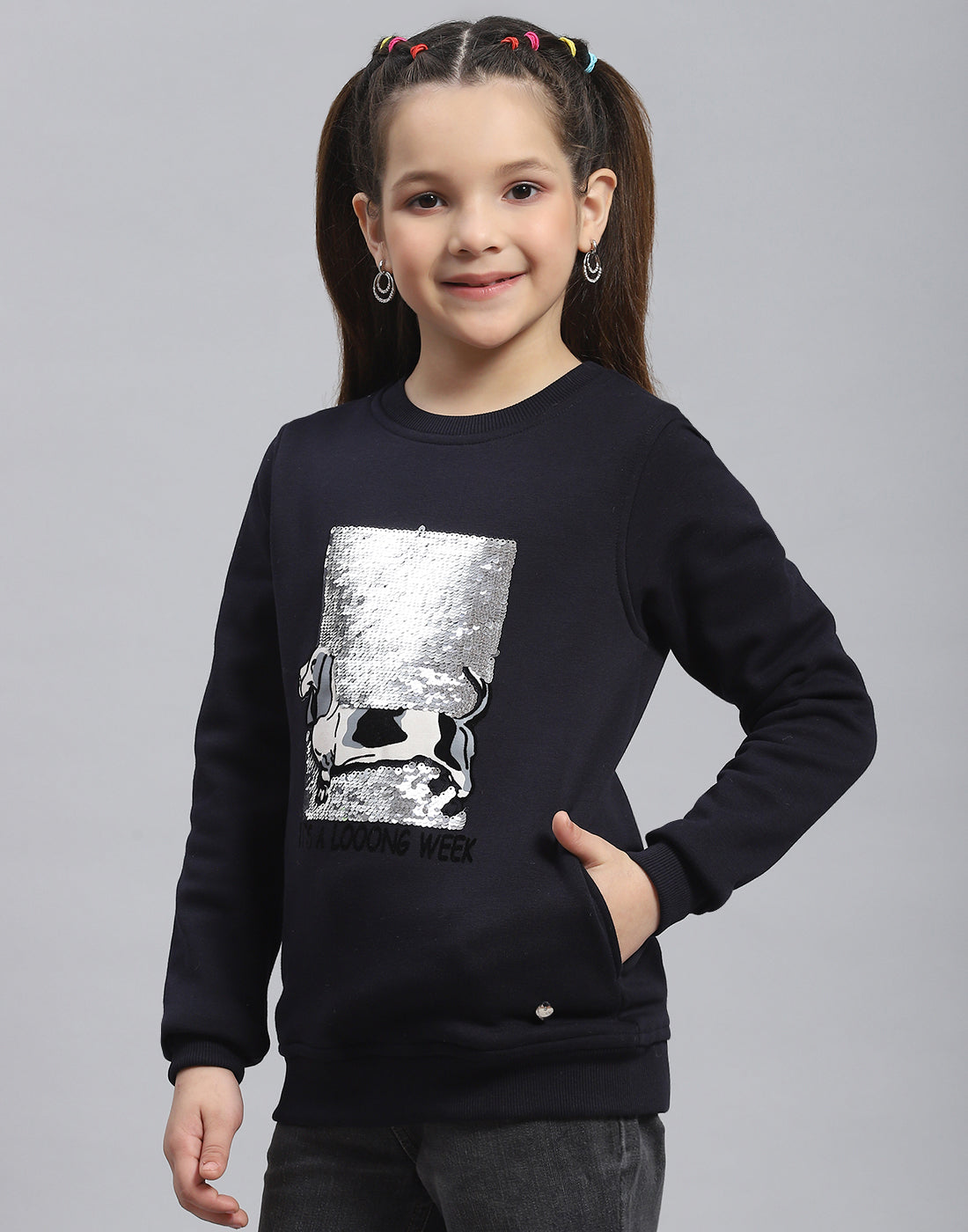 Girls Navy Blue Embellished Round Neck Full Sleeve Sweatshirt