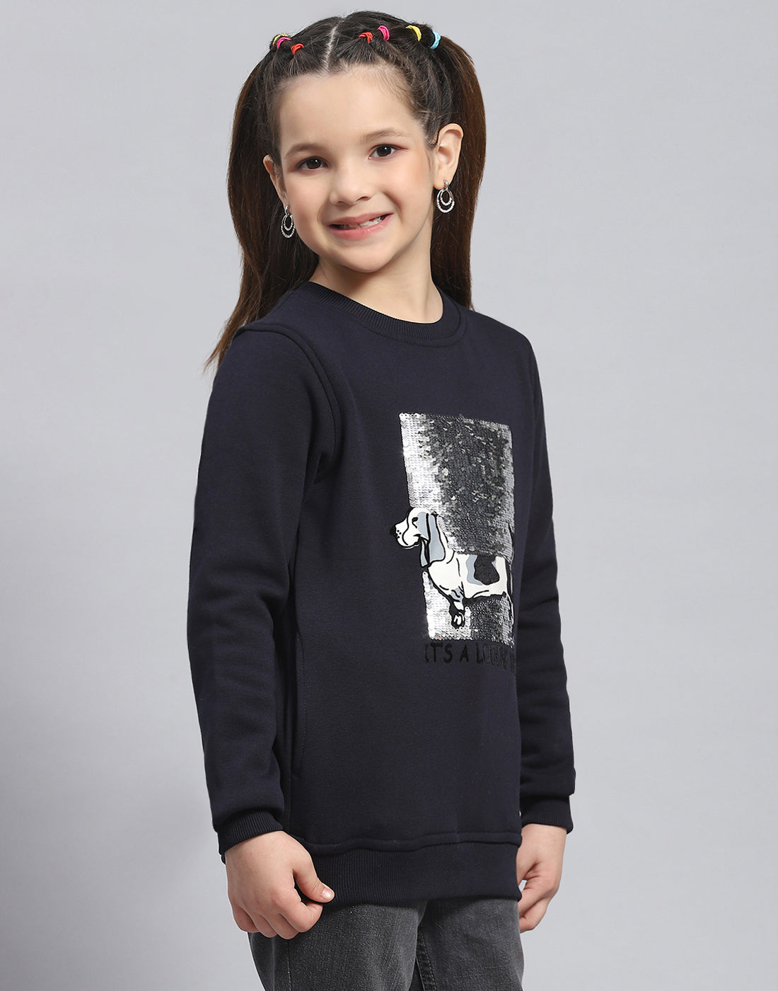 Girls Navy Blue Embellished Round Neck Full Sleeve Sweatshirt