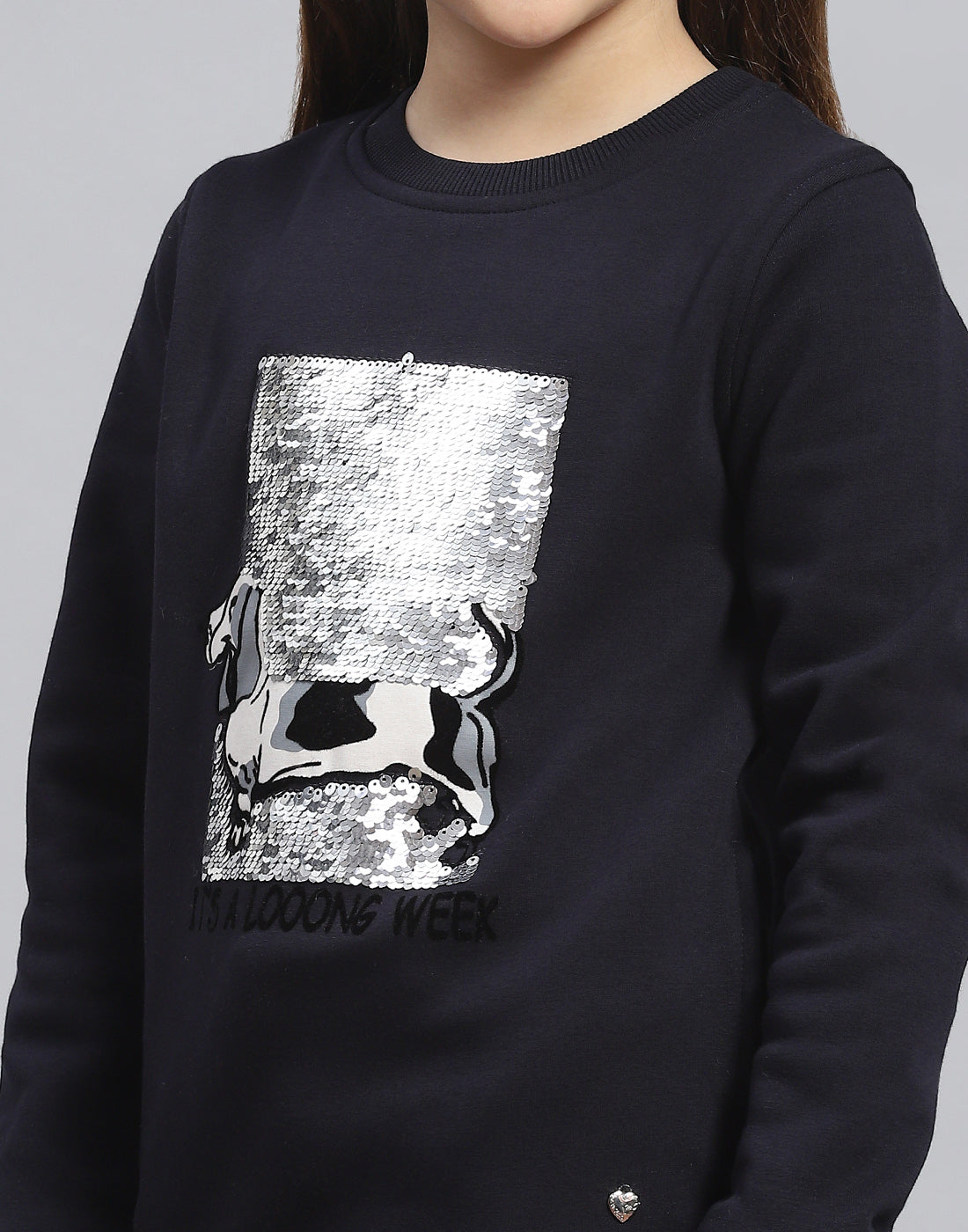 Girls Navy Blue Embellished Round Neck Full Sleeve Sweatshirt