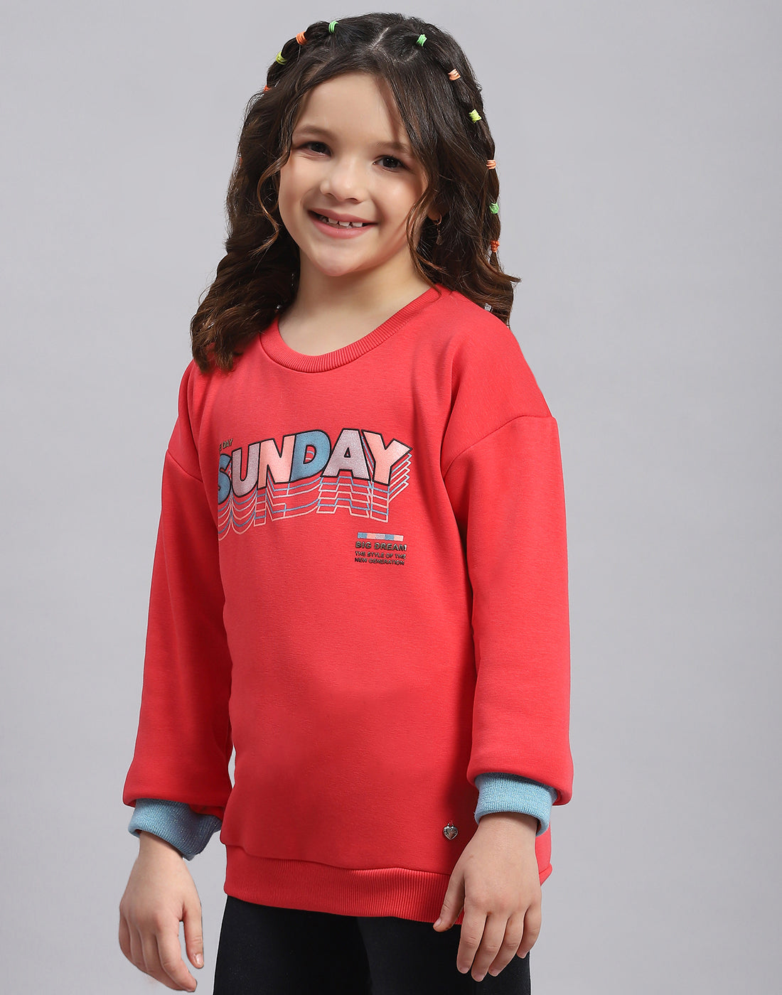 Girls Pink Printed Round Neck Full Sleeve Sweatshirt