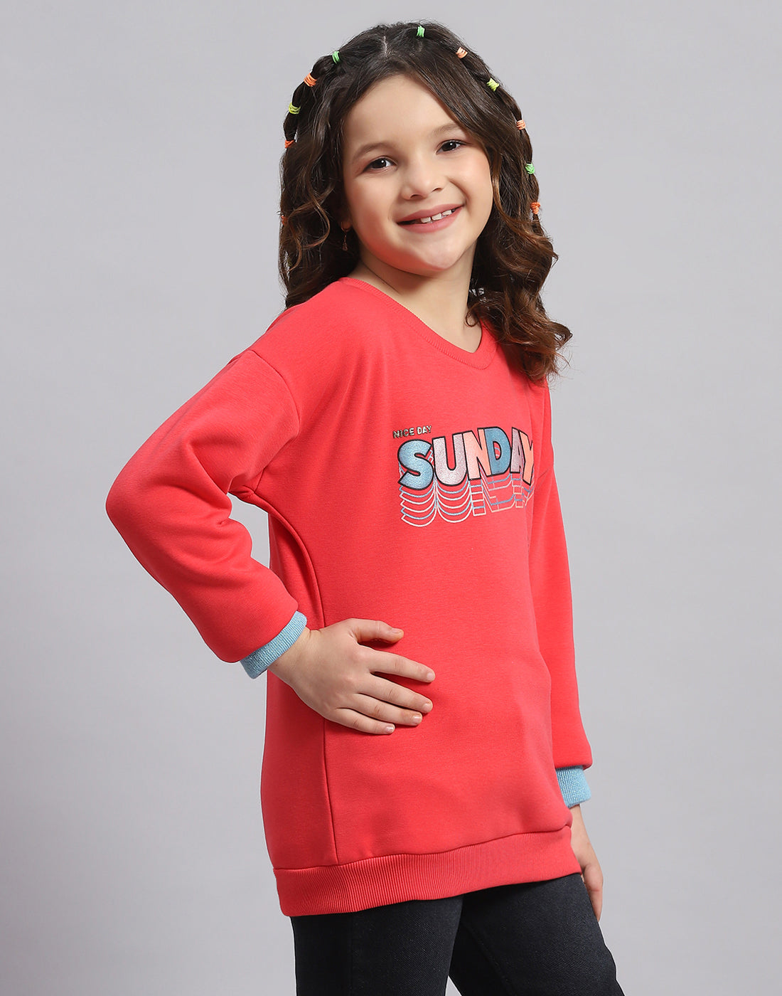 Girls Pink Printed Round Neck Full Sleeve Sweatshirt