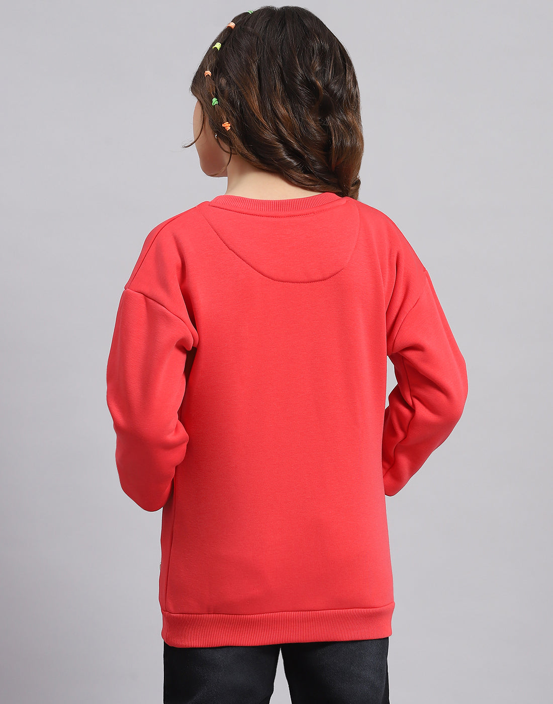 Girls Pink Printed Round Neck Full Sleeve Sweatshirt