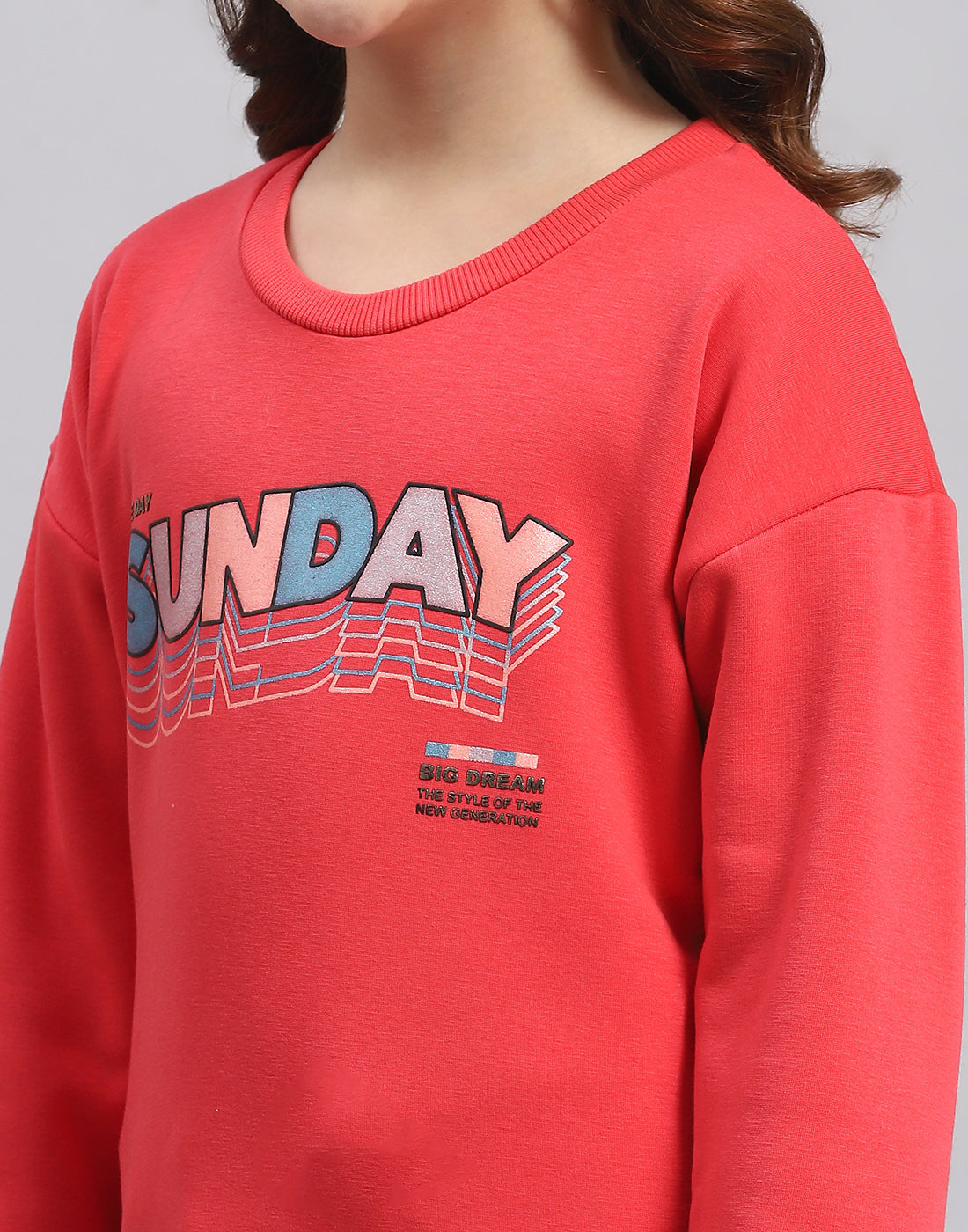 Girls Pink Printed Round Neck Full Sleeve Sweatshirt