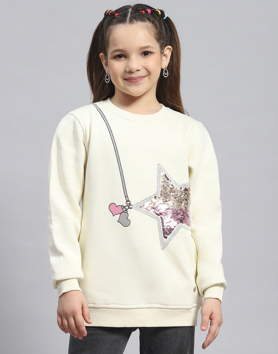 Girls Cream Embellished Round Neck Full Sleeve Sweatshirt