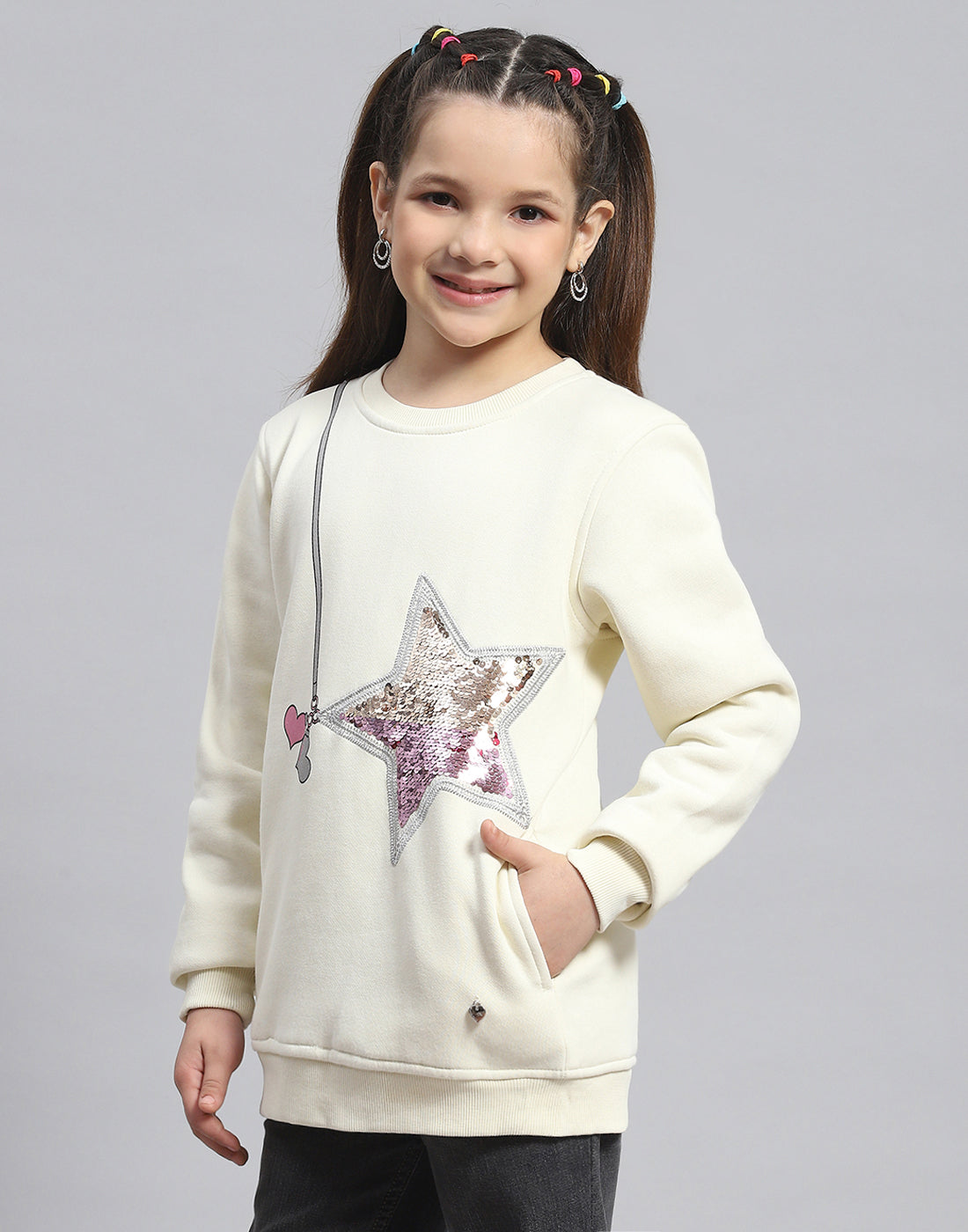 Girls Cream Embellished Round Neck Full Sleeve Sweatshirt