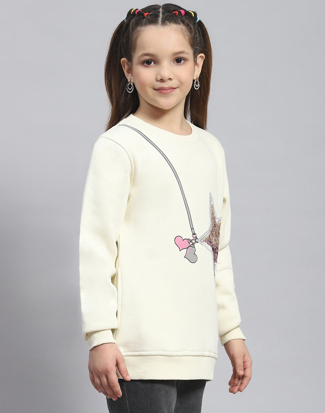 Girls Cream Embellished Round Neck Full Sleeve Sweatshirt