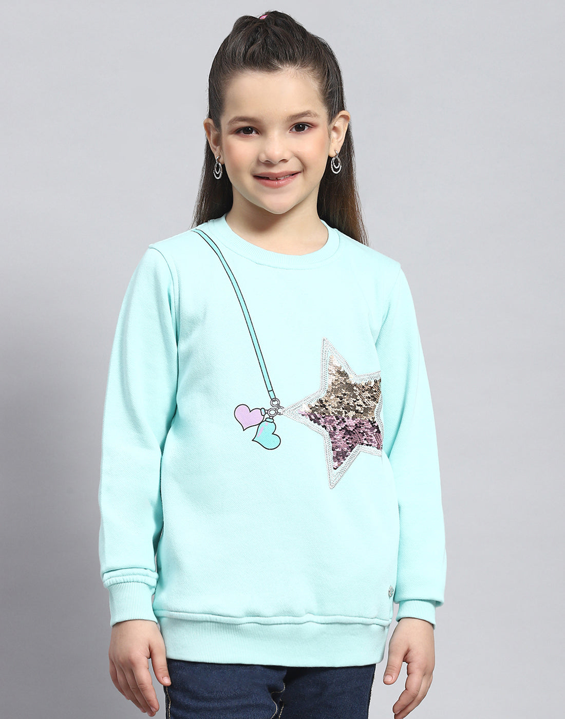 Girls Aqua Blue Embellished Round Neck Full Sleeve Sweatshirt