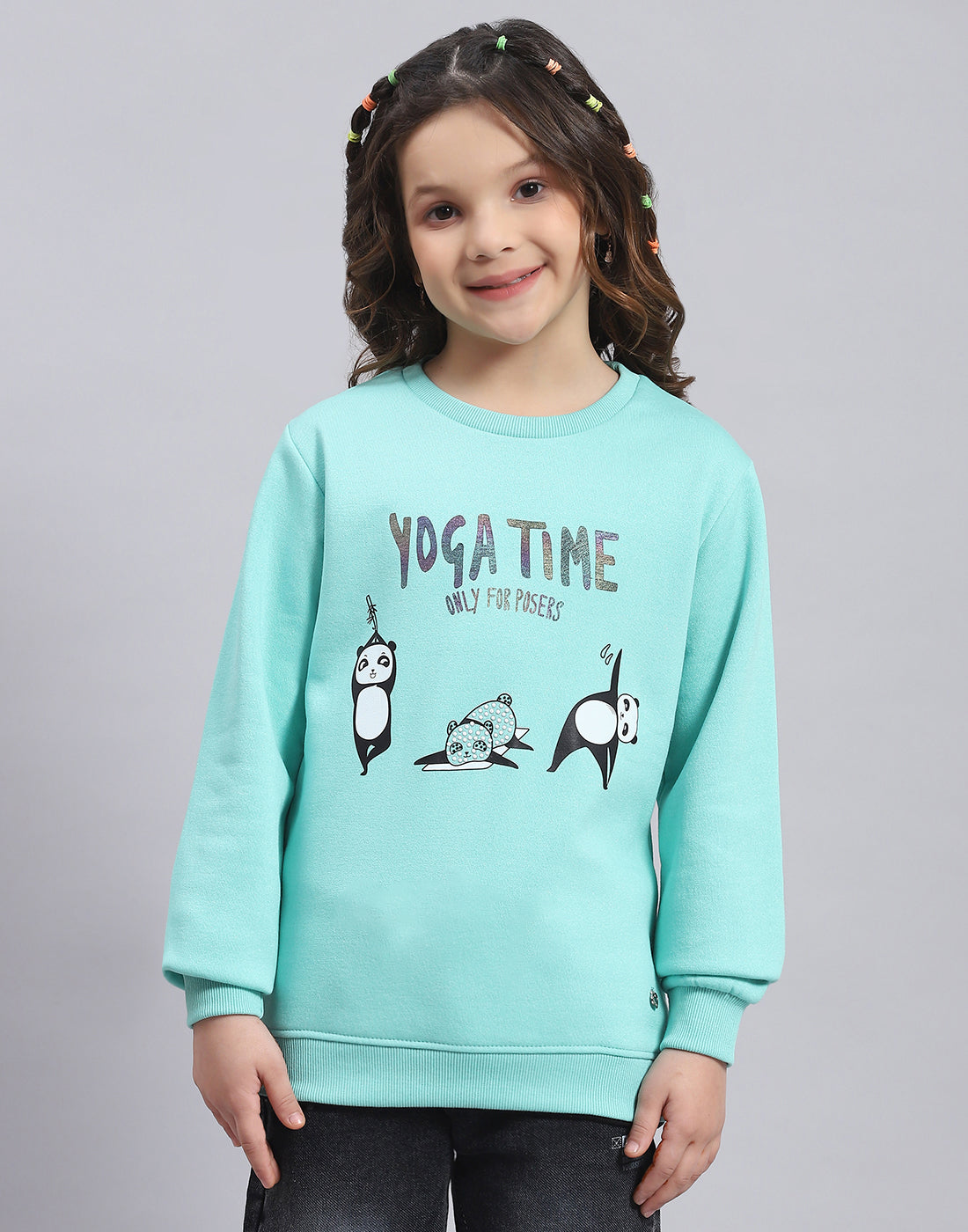 Girls Turquoise Blue Printed Round Neck Full Sleeve Sweatshirt