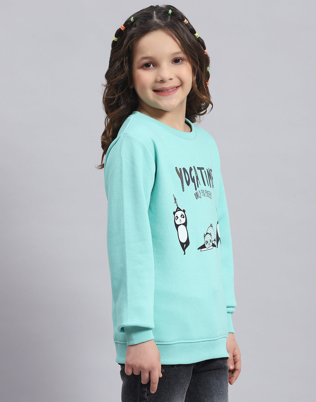 Girls Turquoise Blue Printed Round Neck Full Sleeve Sweatshirt