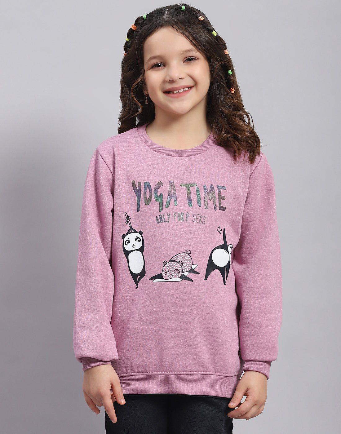 Girls Purple Printed Round Neck Full Sleeve Sweatshirt