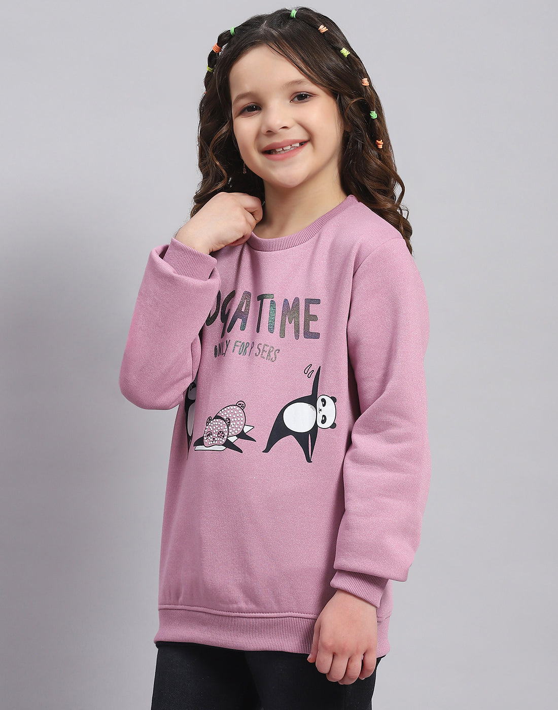 Girls Purple Printed Round Neck Full Sleeve Sweatshirt