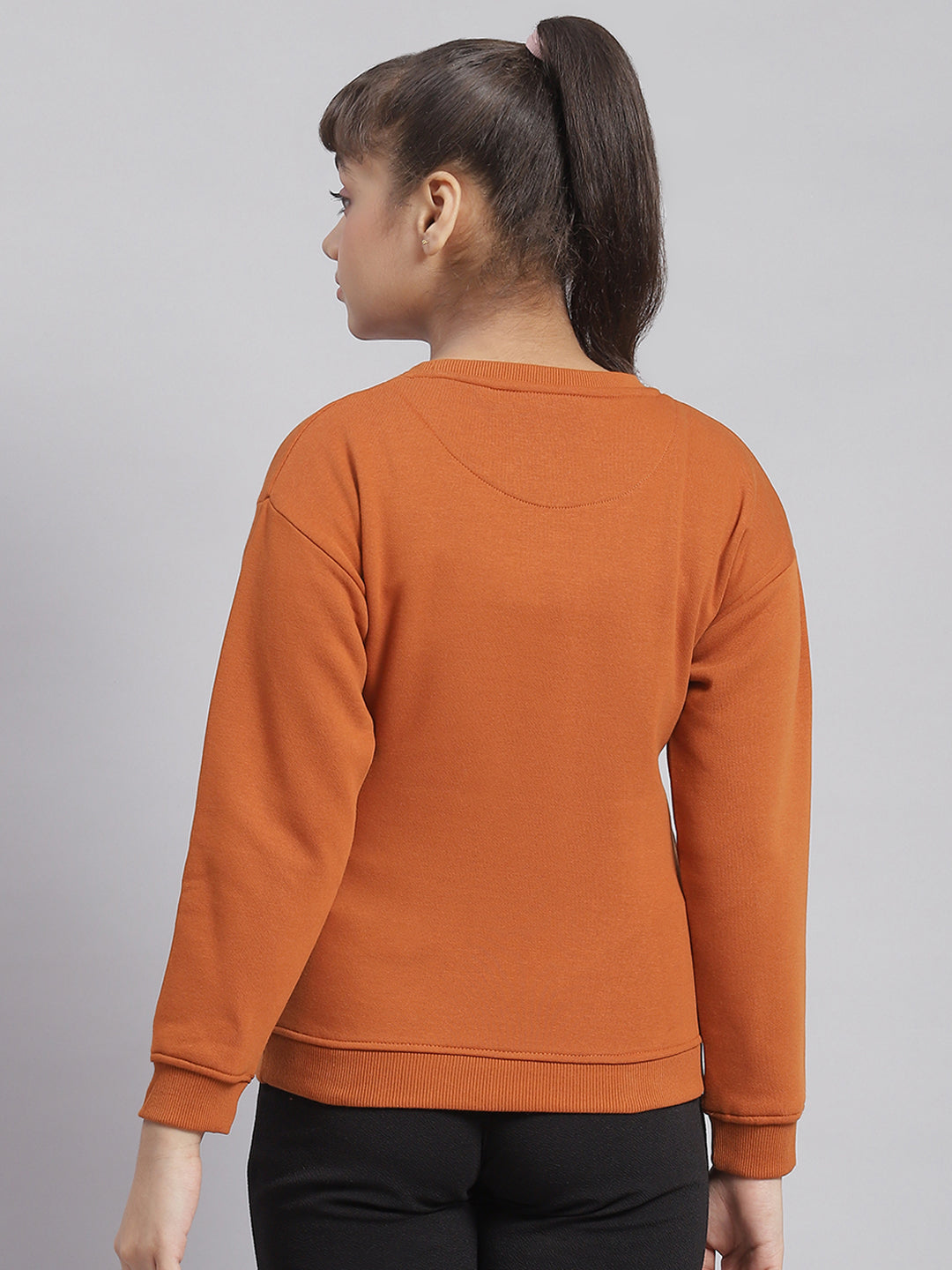 Girls Rust Printed Round Neck Full Sleeve Sweatshirt