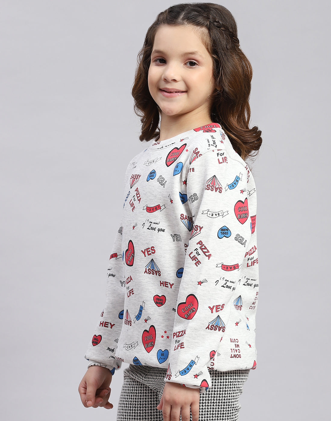Girls Grey Printed Round Neck Full Sleeve Sweatshirt