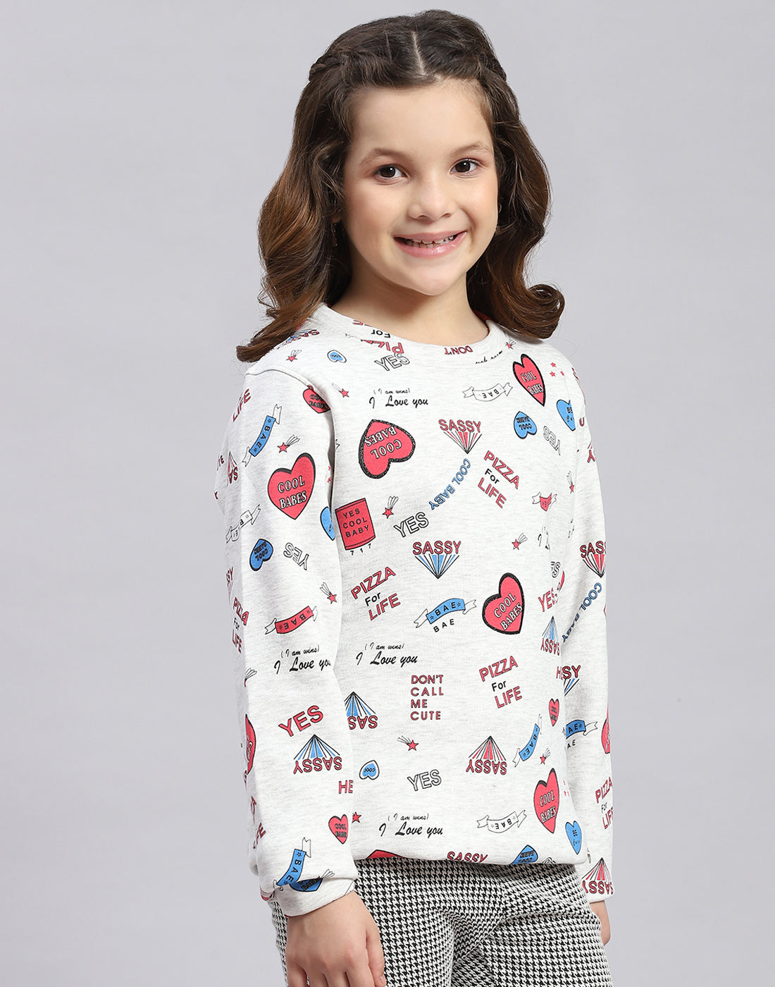 Girls Grey Printed Round Neck Full Sleeve Sweatshirt