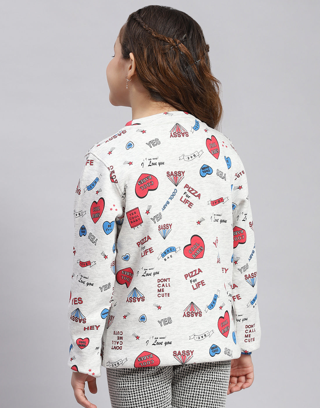 Girls Grey Printed Round Neck Full Sleeve Sweatshirt
