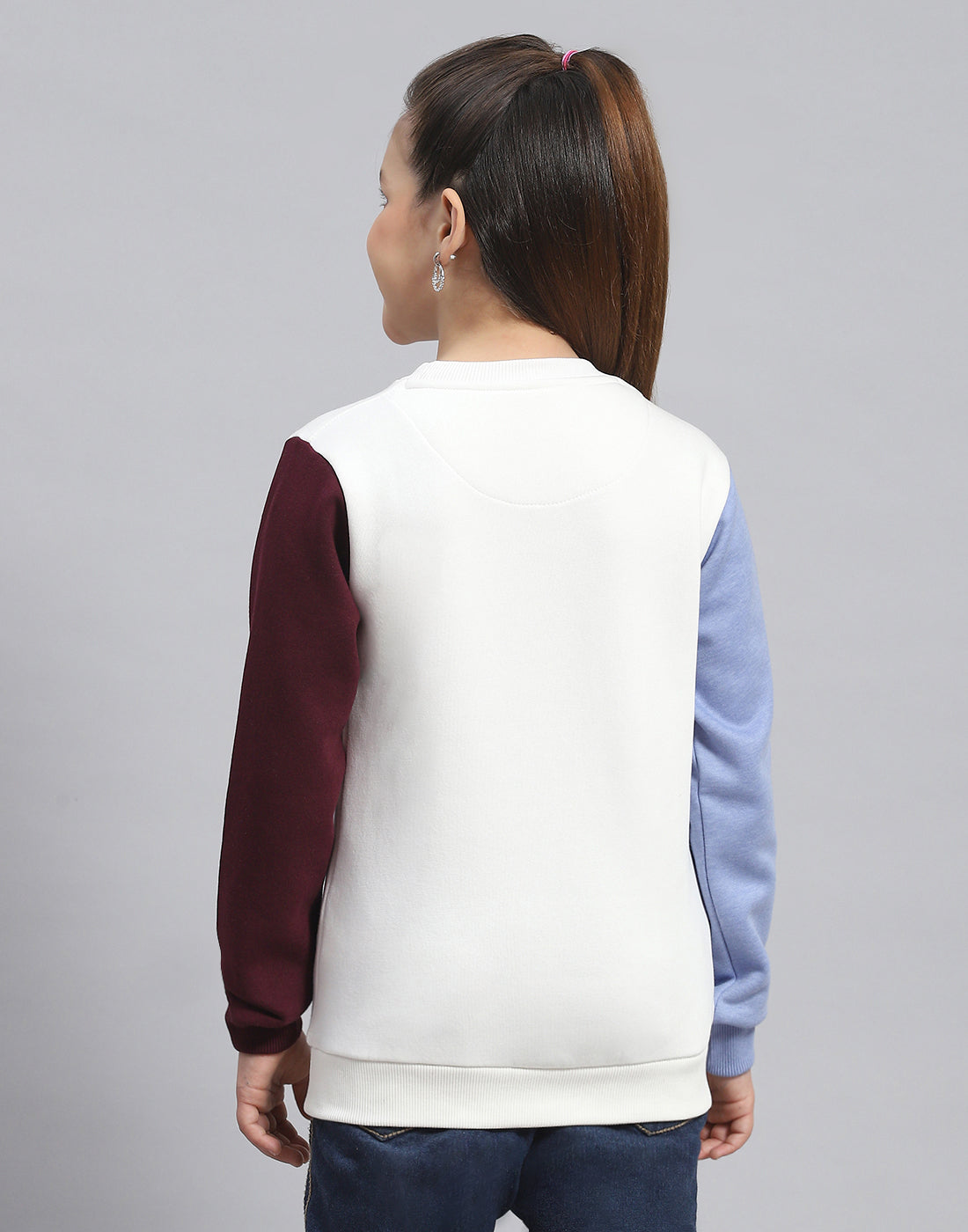 Girls Off White Embroidered Round Neck Full Sleeve Sweatshirt