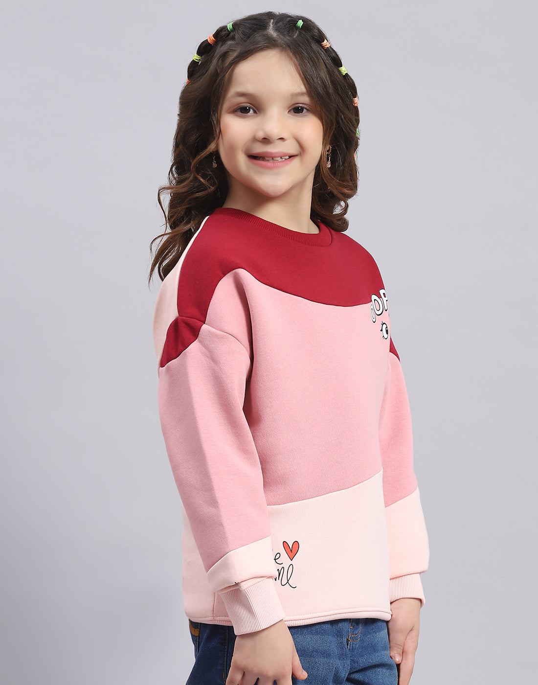 Girls Pink Printed Round Neck Full Sleeve Sweatshirt