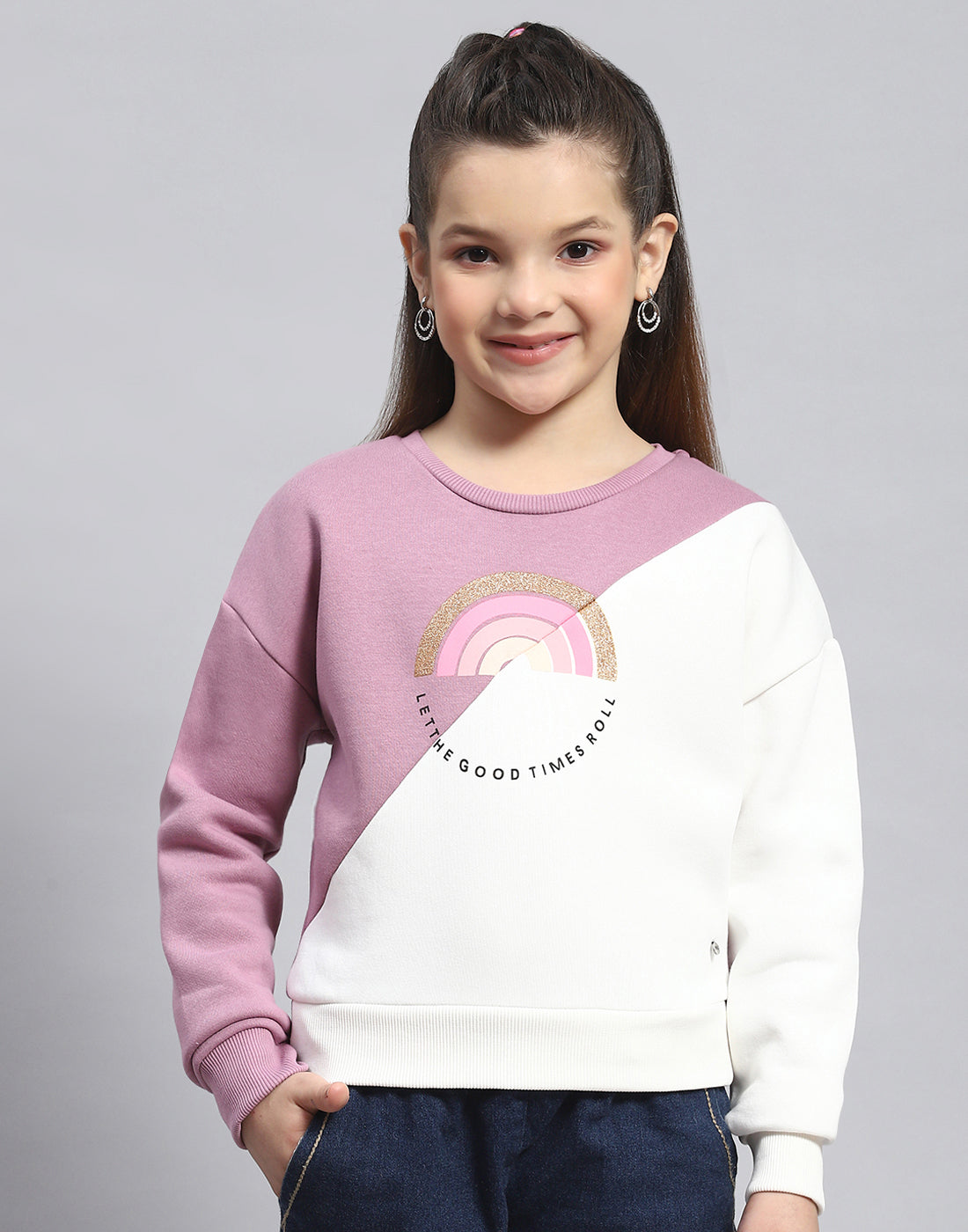 Girls Purple Printed Round Neck Full Sleeve Sweatshirt