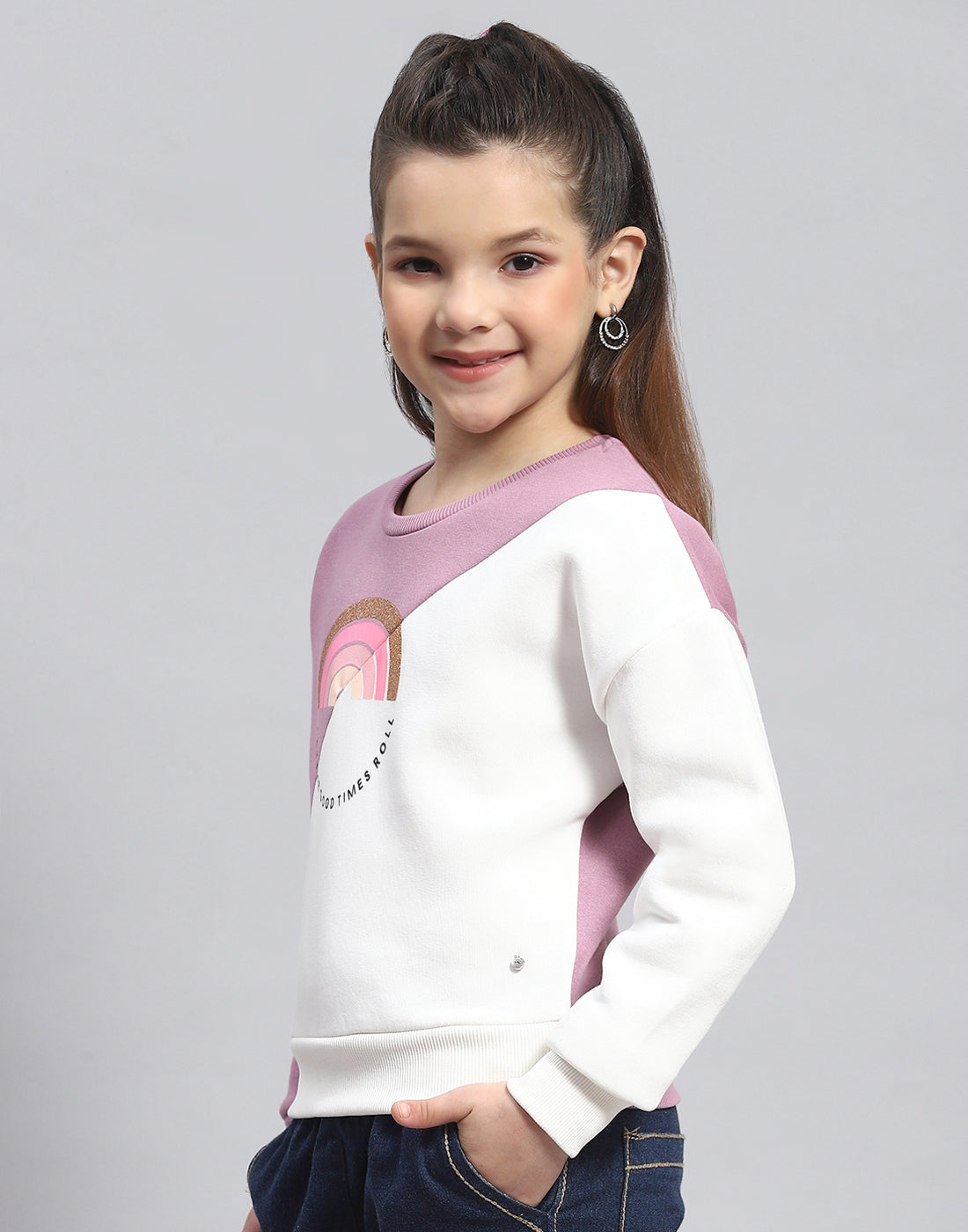 Girls Purple Printed Round Neck Full Sleeve Sweatshirt