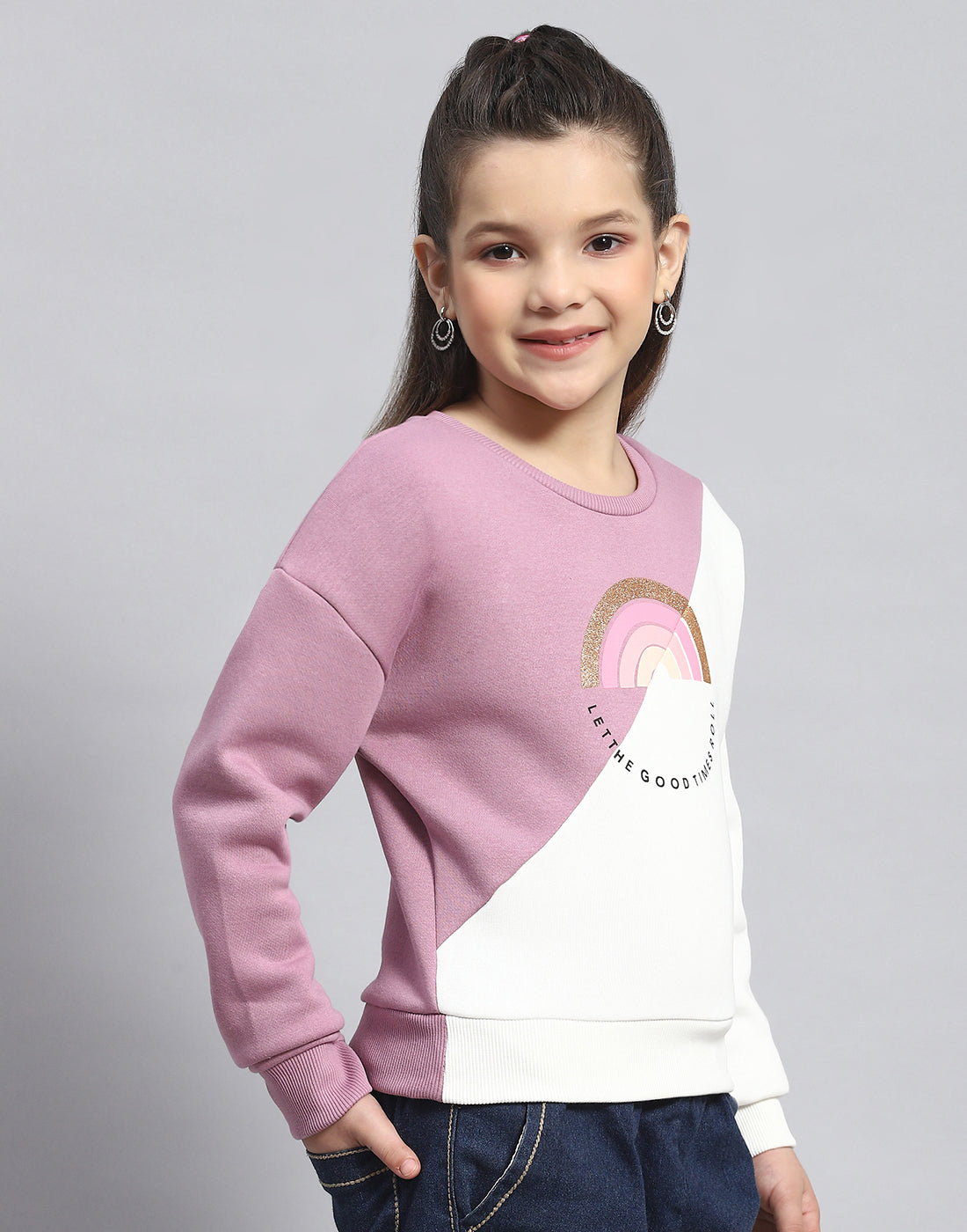 Girls Purple Printed Round Neck Full Sleeve Sweatshirt
