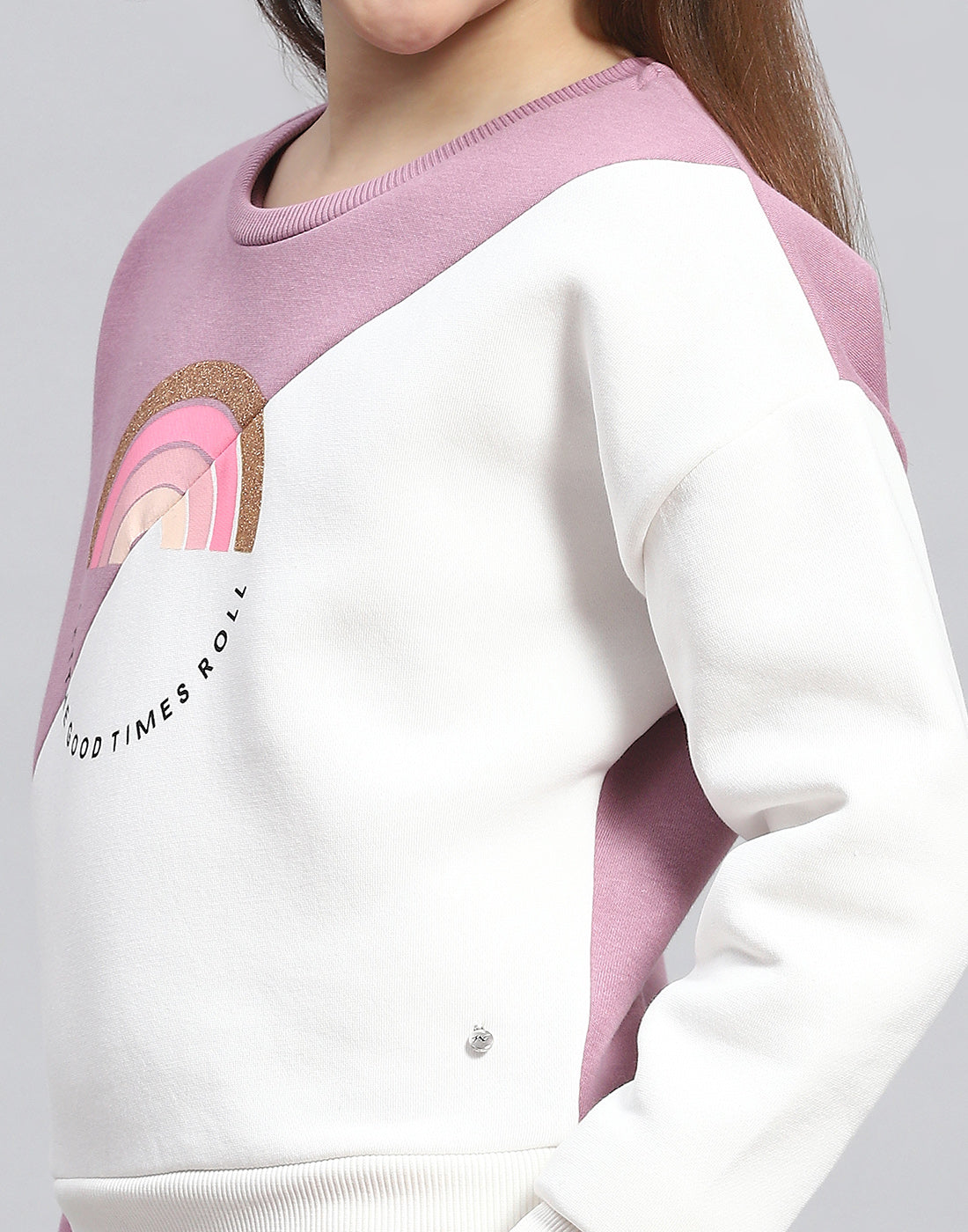 Girls Purple Printed Round Neck Full Sleeve Sweatshirt