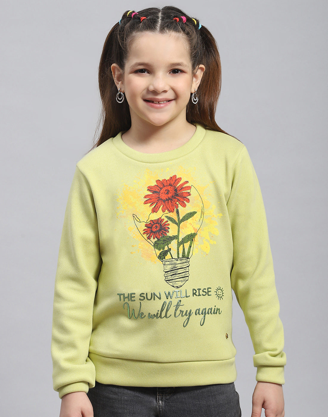 Girls Green Printed Round Neck Full Sleeve Sweatshirt