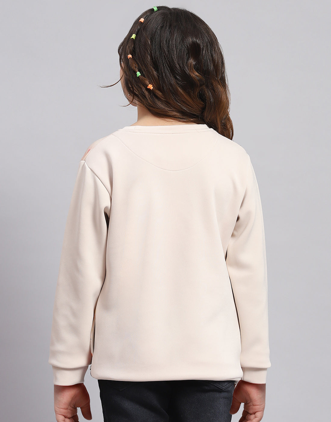 Girls Beige Printed Round Neck Full Sleeve Sweatshirt