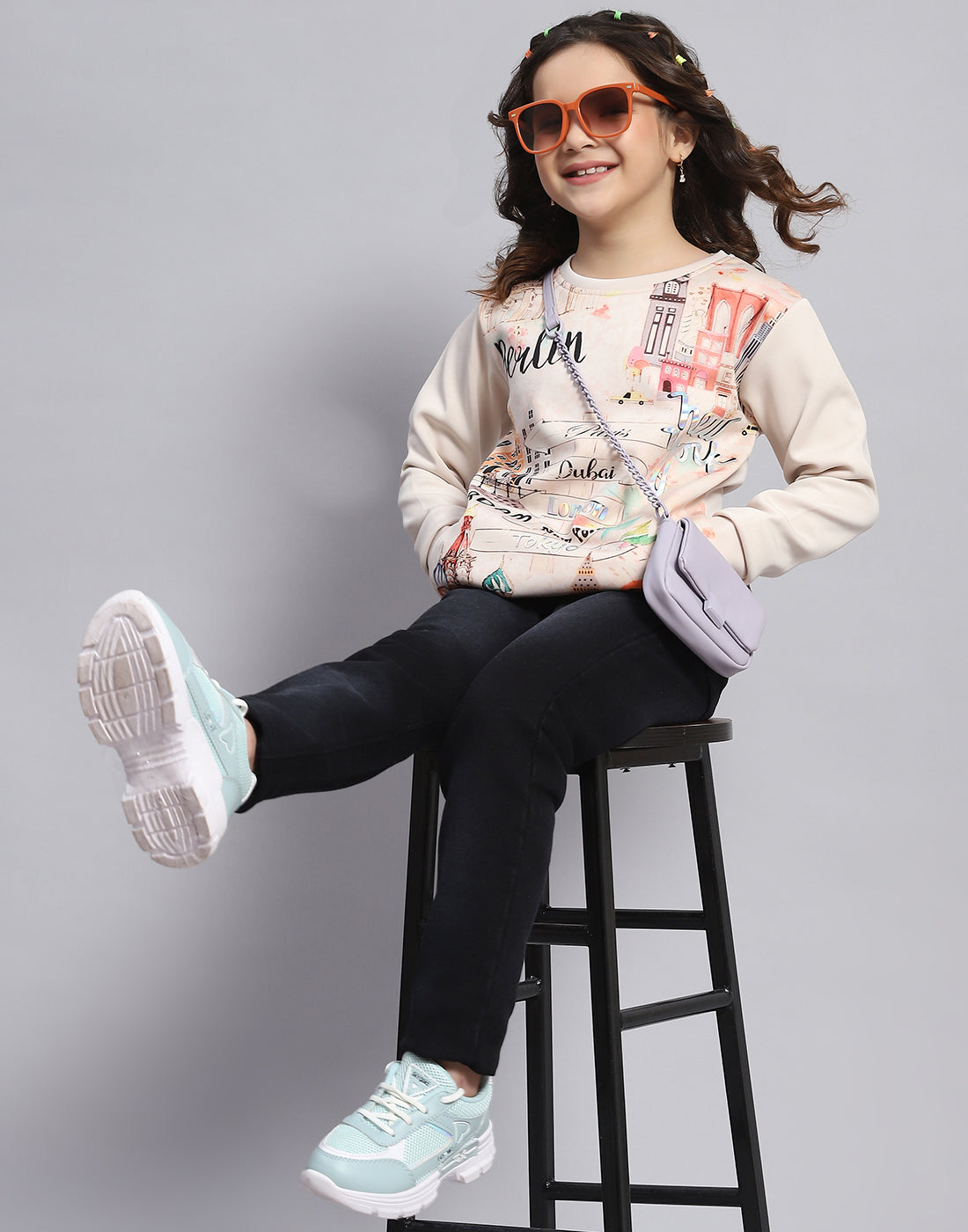 Girls Beige Printed Round Neck Full Sleeve Sweatshirt