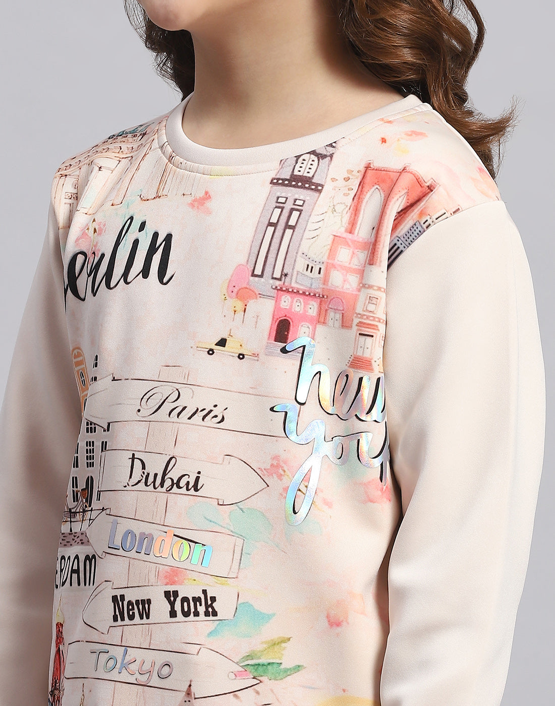Girls Beige Printed Round Neck Full Sleeve Sweatshirt