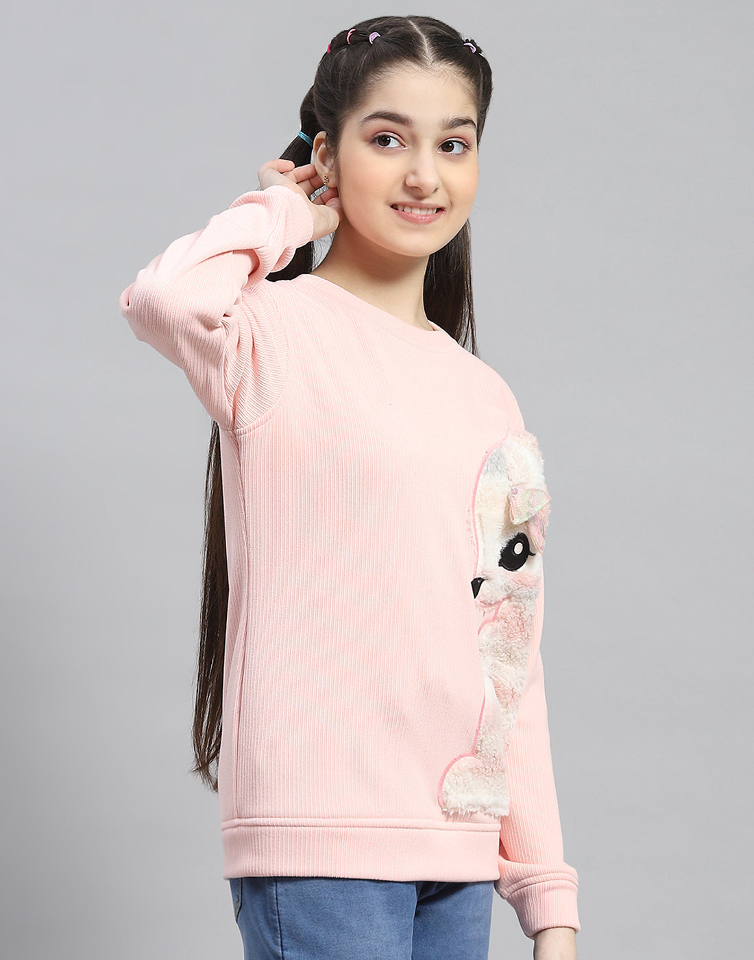 Girls Pink Embroidered Round Neck Full Sleeve Sweatshirt