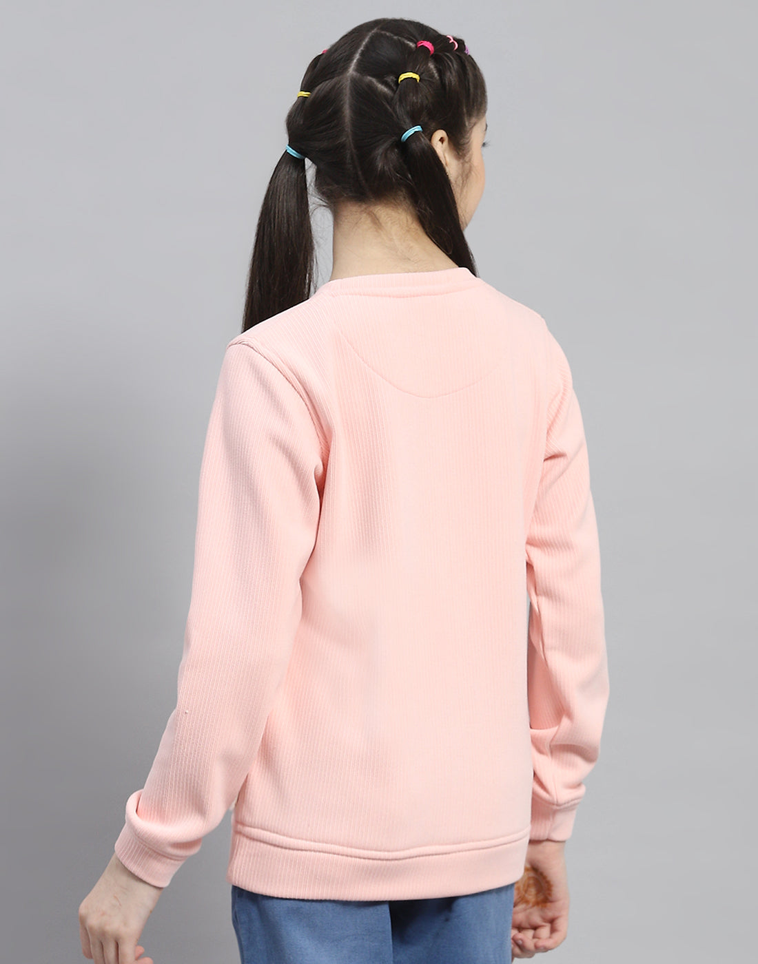 Girls Pink Embroidered Round Neck Full Sleeve Sweatshirt