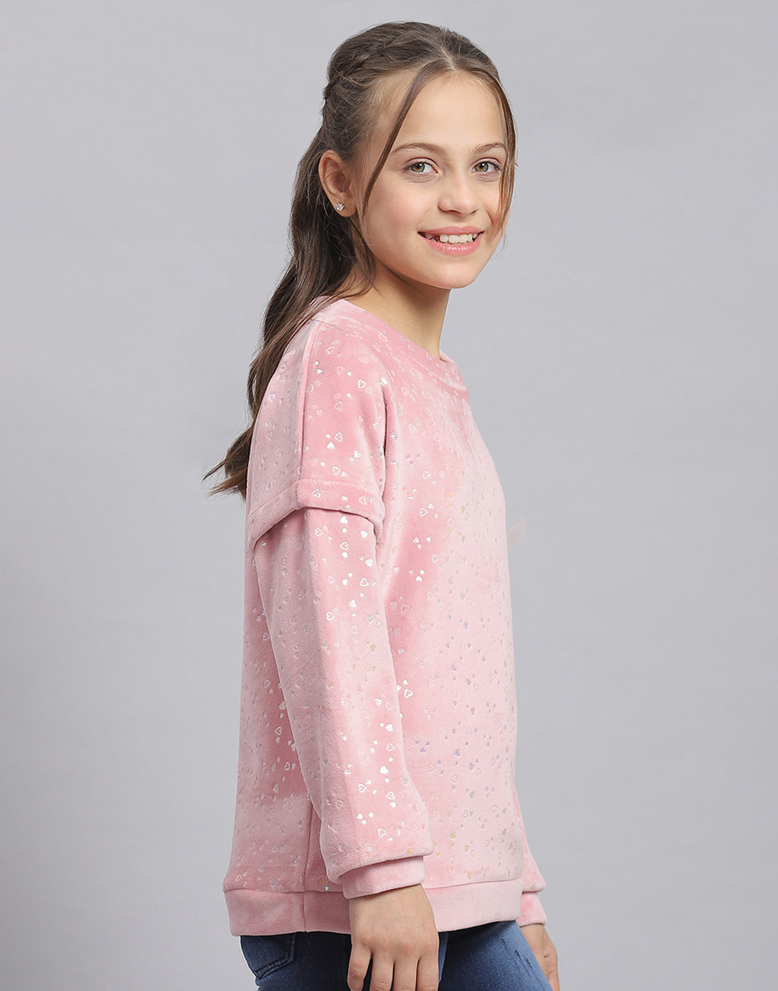 Girls Pink Printed Round Neck Full Sleeve Sweatshirt
