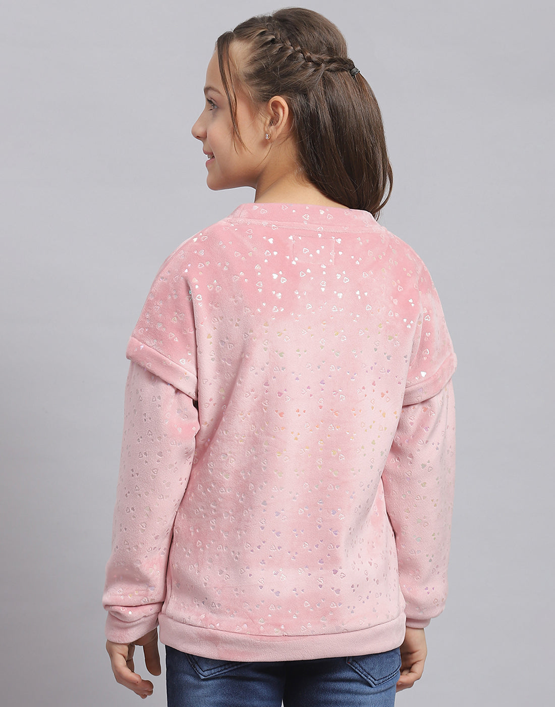 Girls Pink Printed Round Neck Full Sleeve Sweatshirt
