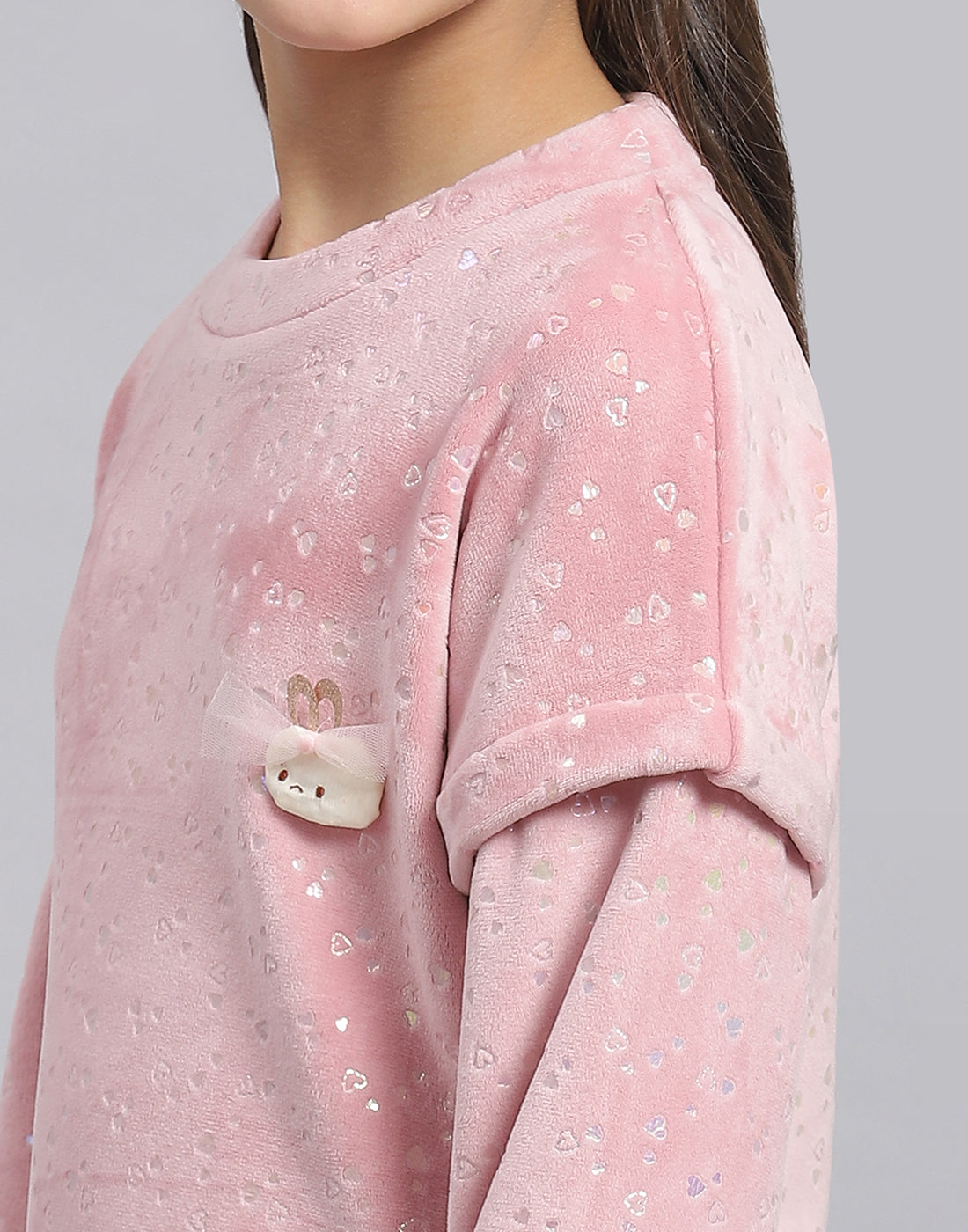 Girls Pink Printed Round Neck Full Sleeve Sweatshirt