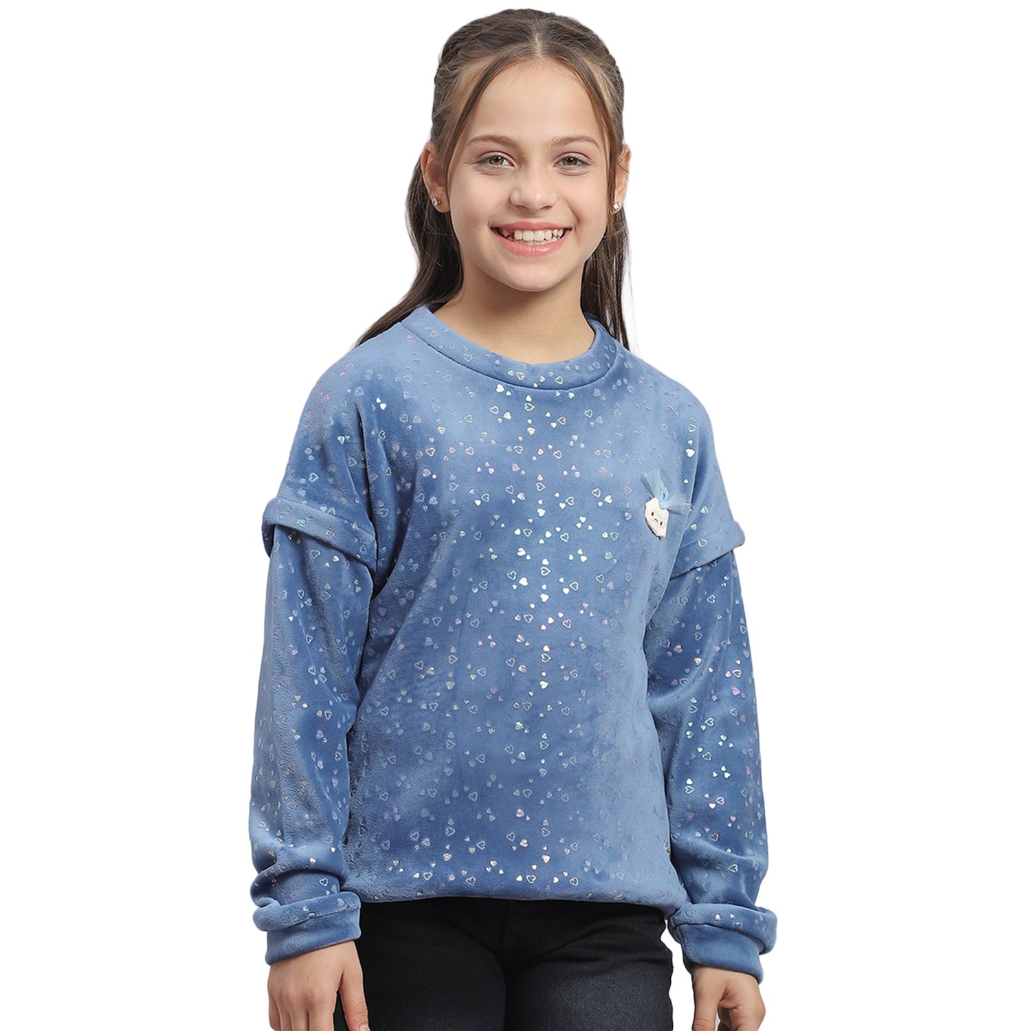 Girls Teal Blue Printed Round Neck Full Sleeve Sweatshirt