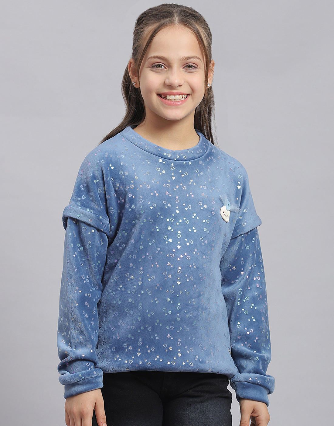 Girls Teal Blue Printed Round Neck Full Sleeve Sweatshirt