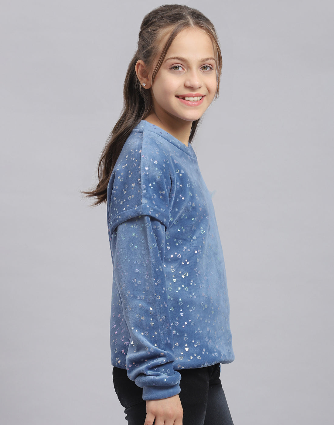 Girls Teal Blue Printed Round Neck Full Sleeve Sweatshirt