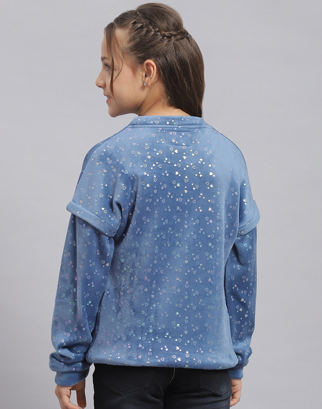 Girls Teal Blue Printed Round Neck Full Sleeve Sweatshirt