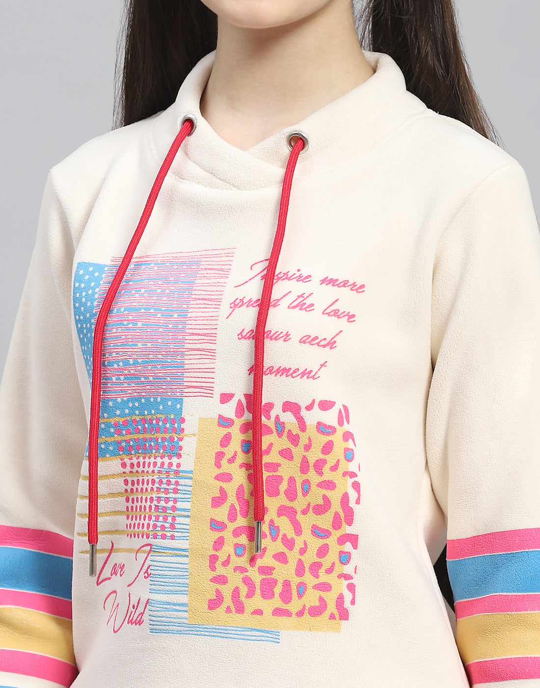 Girls Off White Printed Round Neck Full Sleeve Sweatshirt