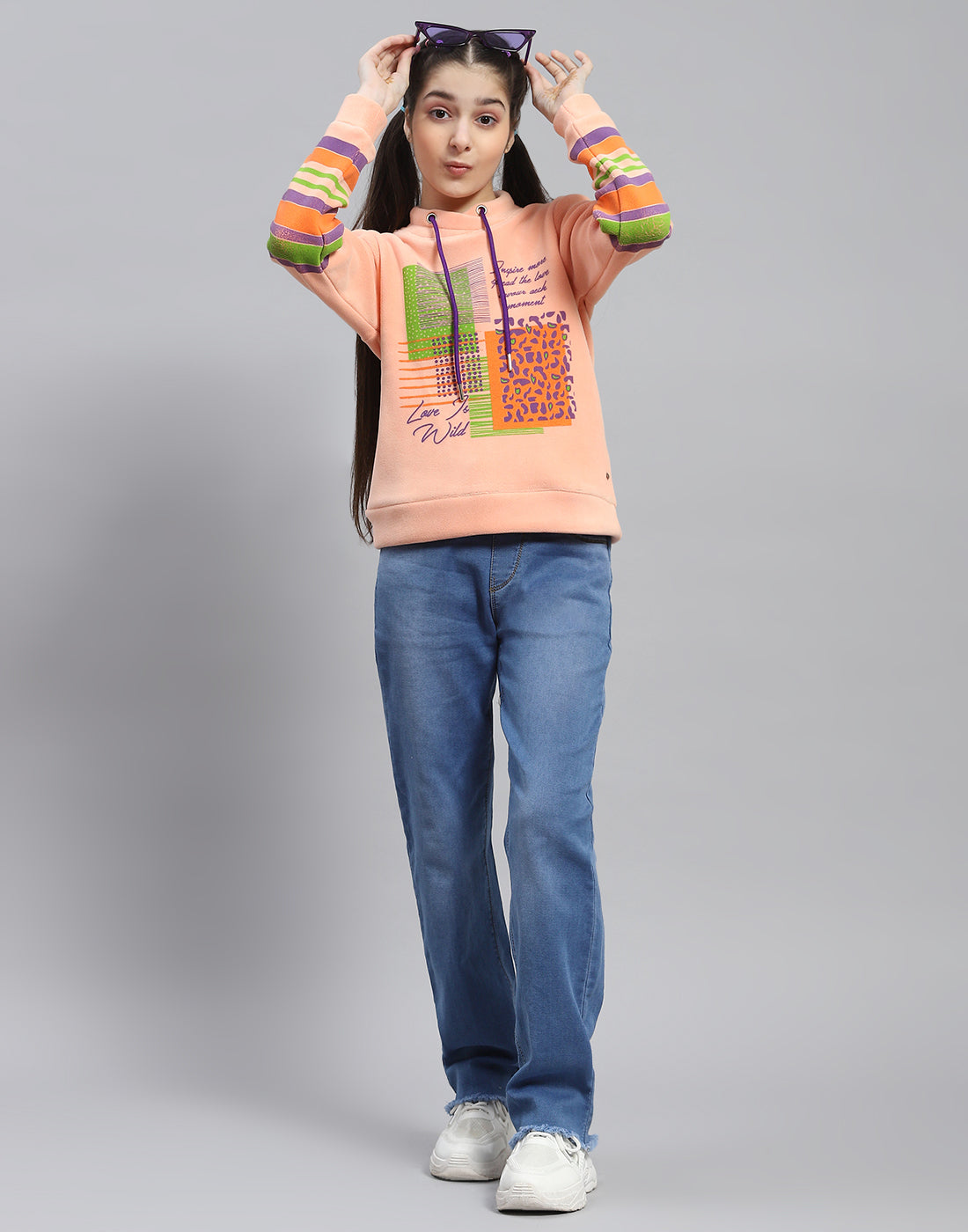 Girls Peach Full Sleeve High Neck Rib Top