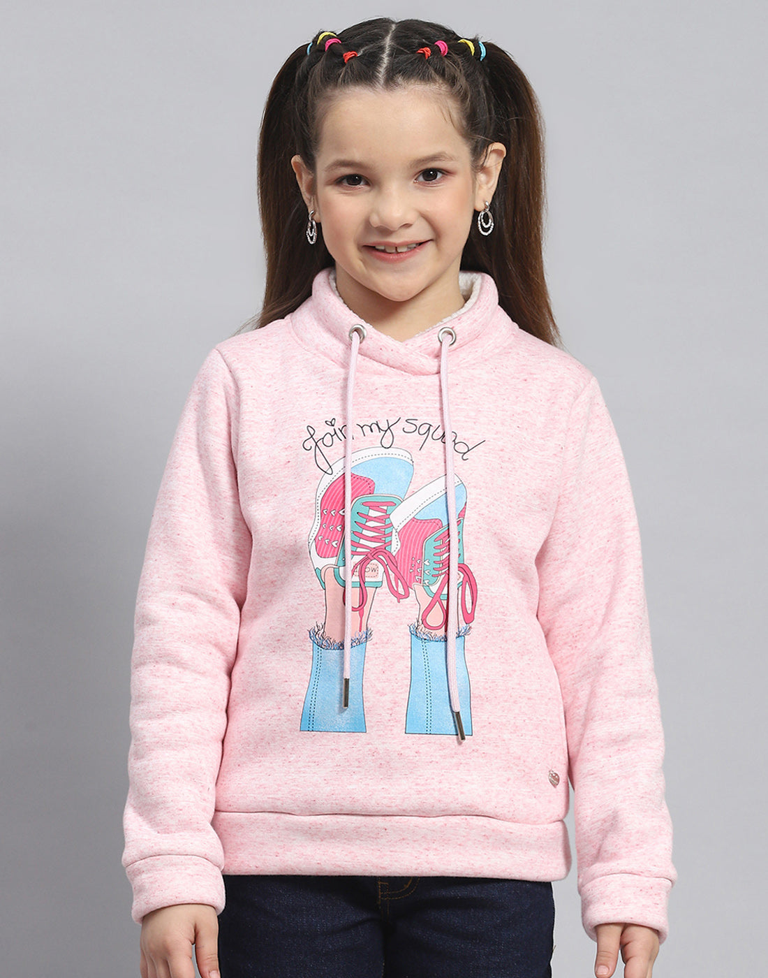 Girls Pink Printed Round Neck Full Sleeve Sweatshirt