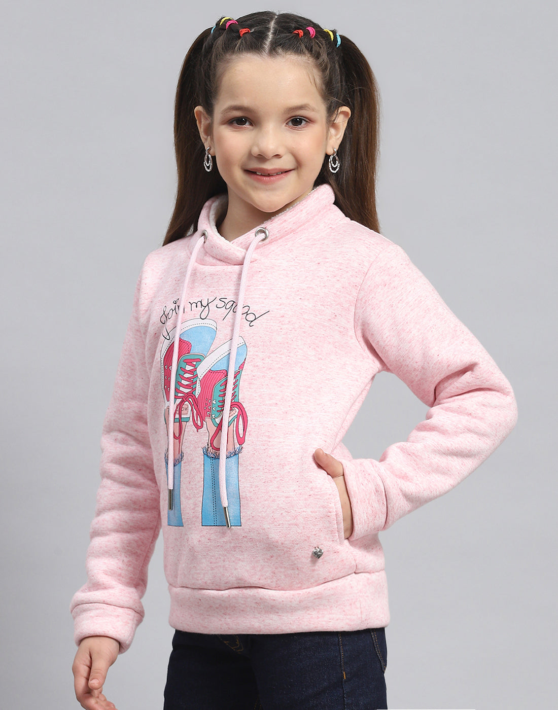 Girls Pink Printed Round Neck Full Sleeve Sweatshirt