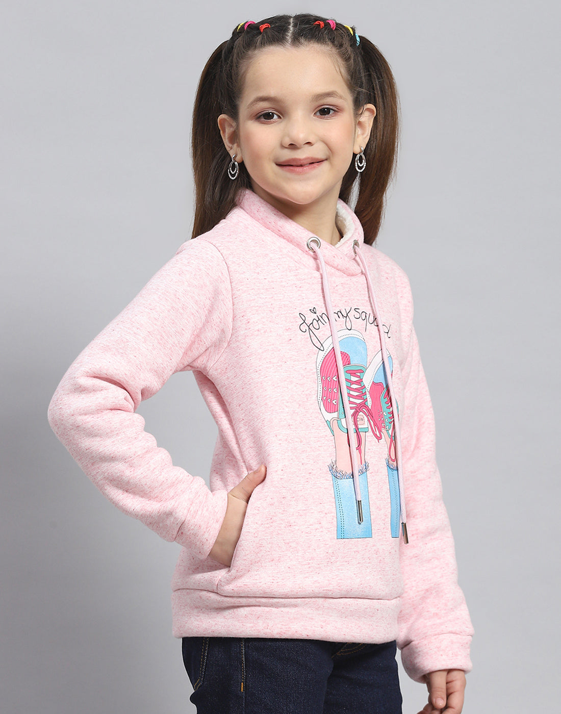 Girls Pink Printed Round Neck Full Sleeve Sweatshirt