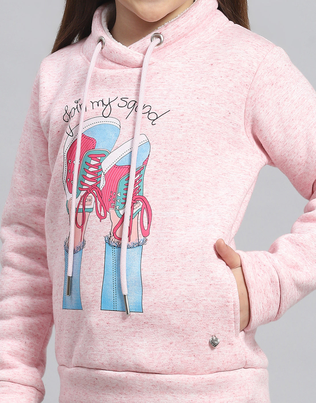 Girls Pink Printed Round Neck Full Sleeve Sweatshirt