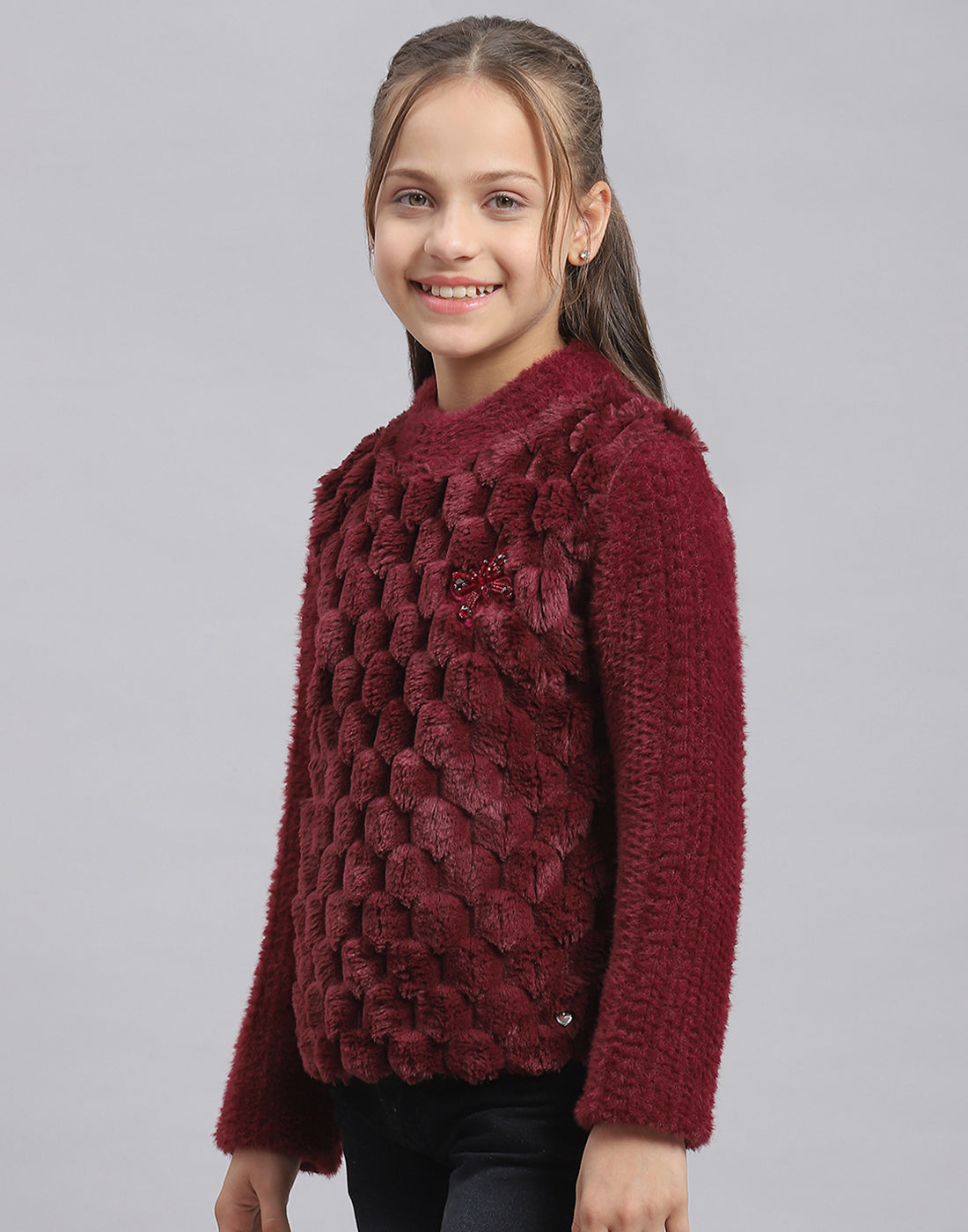 Girls Maroon Self Design Round Neck Full Sleeve Sweatshirt