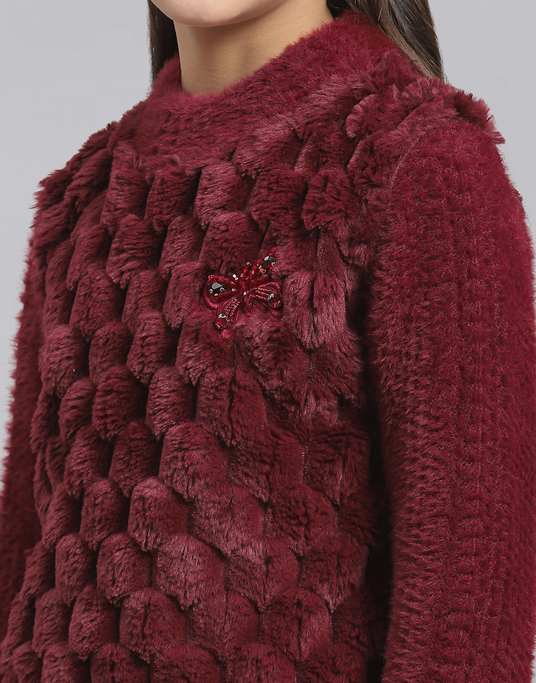 Girls Maroon Self Design Round Neck Full Sleeve Sweatshirt