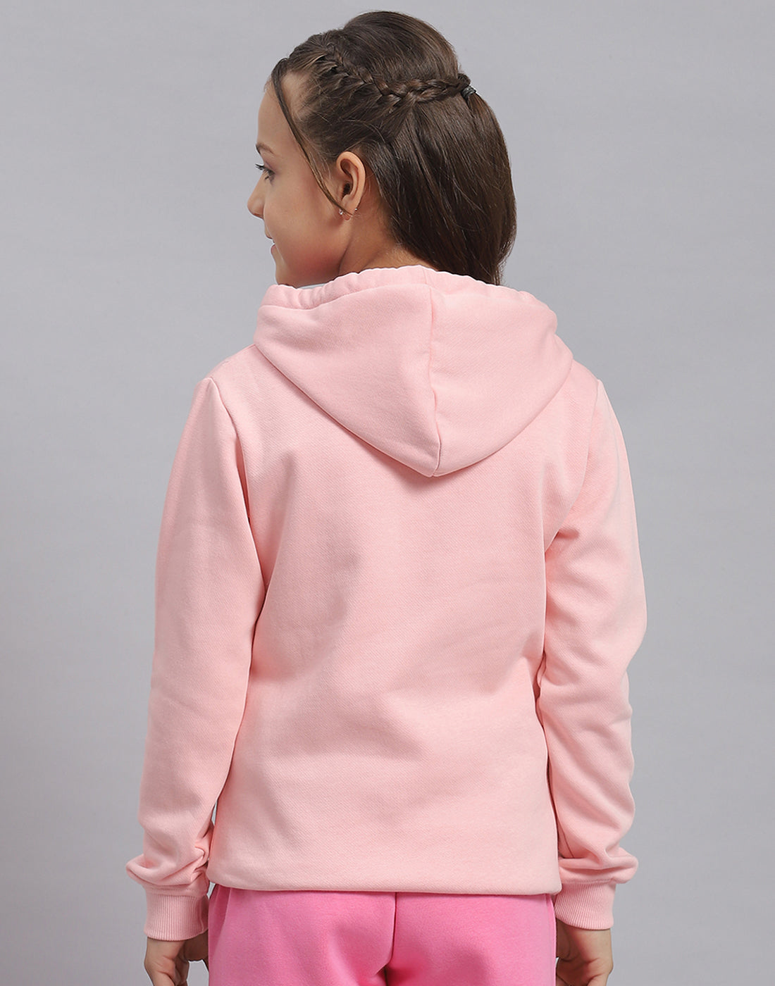 Girls Pink Printed Hooded Full Sleeve Sweatshirt