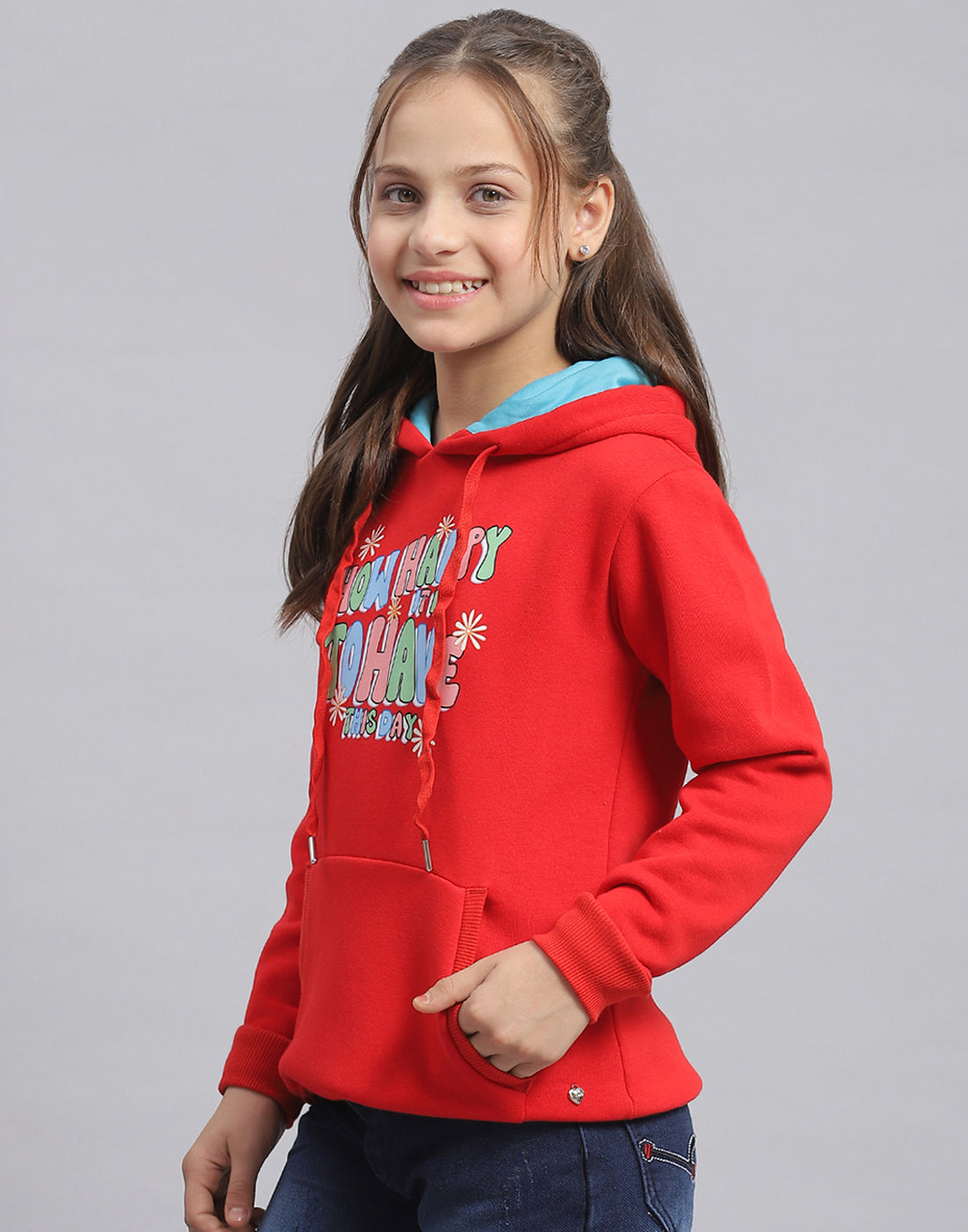 Girls Red Printed Hooded Full Sleeve Sweatshirt