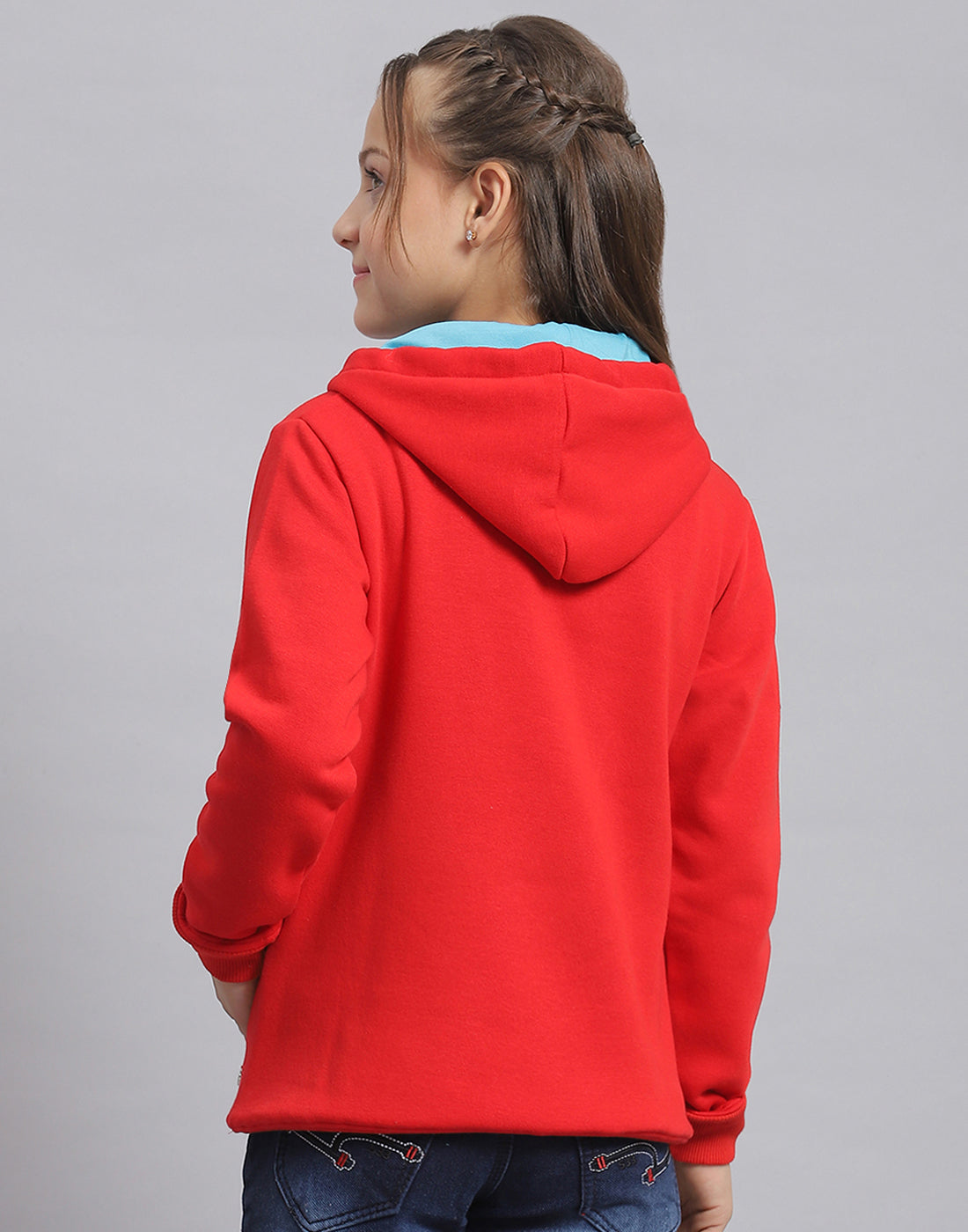 Girls Red Printed Hooded Full Sleeve Sweatshirt