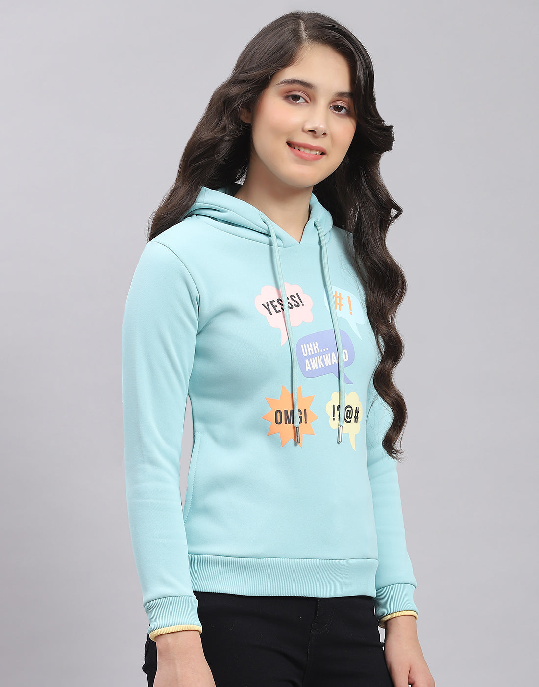 Girls Turquoise Blue Printed Hooded Full Sleeve Sweatshirt